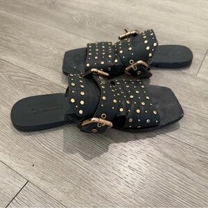 Sol Sana Black Leather Sandals with Gold Studs